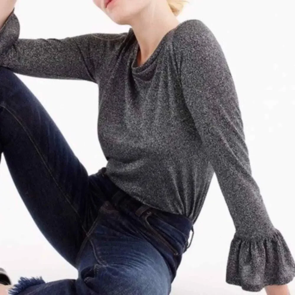 J Crew Metallic Sparkle Knit Bell Ruffle Sleeve Tee Top shirt Charcoal Gray M